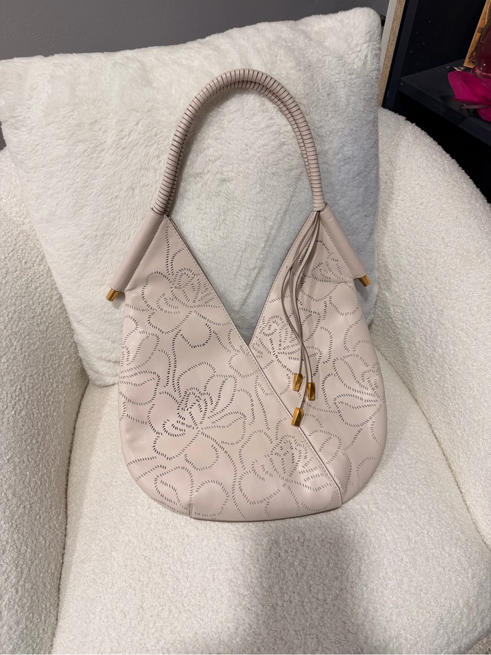 Donna Karan Elegant Floral-Perforated Shoulder Bag in Light Beige